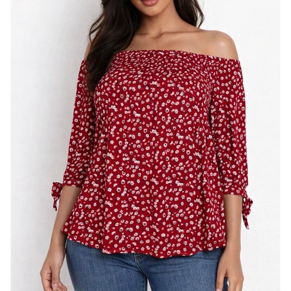 One Clothing Red Off Shoulder Ruched Floral Blouse Top SZ M crinkle cut flowy